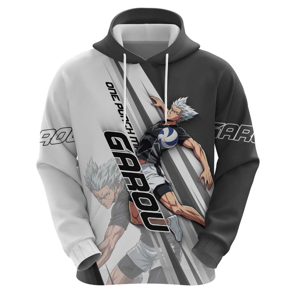 Personalized Garou Volleyball Action Design Hoodie with Monochrome Stripes and Dynamic Pose Personalized Garou Volleyball Action Design Hoodie with Monochrome Stripes and Dynamic Pose