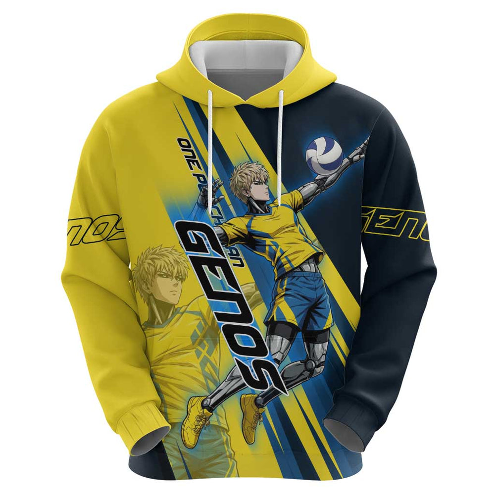 Personalized Genos Volleyball Design Hoodie with Yellow and Blue Athletic Theme and Dynamic Spike Po Personalized Genos Volleyball Design Hoodie with Yellow and Blue Athletic Theme and Dynamic Spike Po