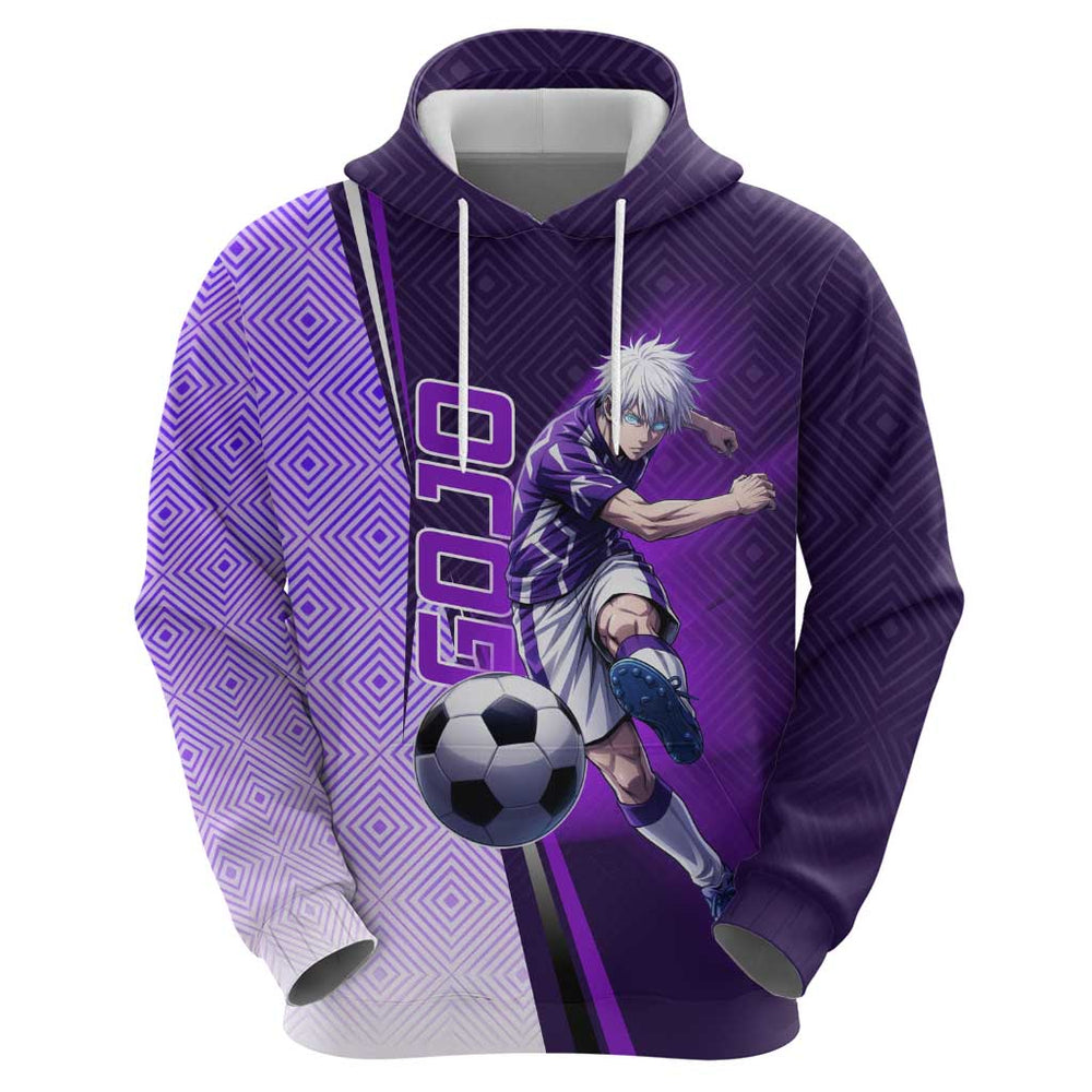 Personalized Gojo Satoru Jujutsu Kaisen Soccer Theme Hoodie with Kicking Pose and Purple Gradient Ge Personalized Gojo Satoru Jujutsu Kaisen Soccer Theme Hoodie with Kicking Pose and Purple Gradient Ge
