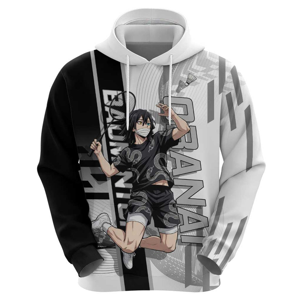Personalized Obanai Iguro Demon Slayer Badminton Hoodie with Racket Action Pose and Black White Grap Personalized Obanai Iguro Demon Slayer Badminton Hoodie with Racket Action Pose and Black White Grap