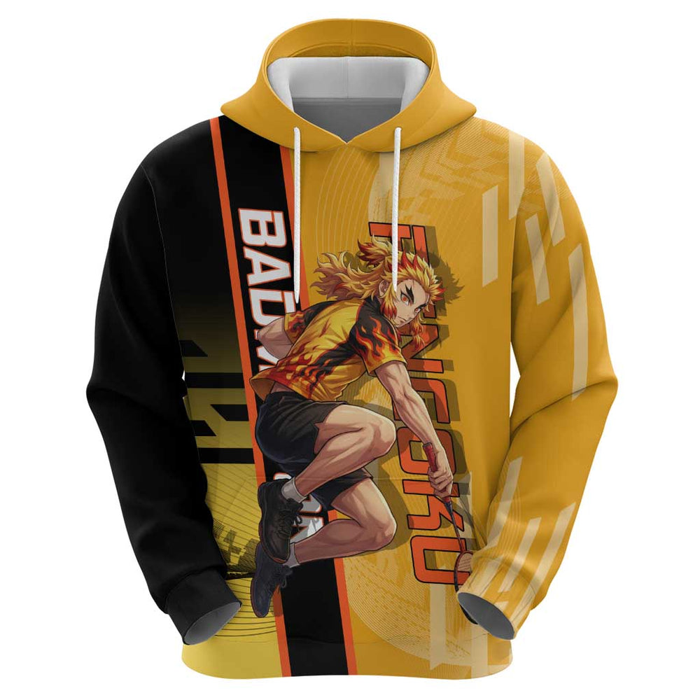 Personalized Rengoku Anime Badminton Theme Hoodie with Racket Action Pose and Fiery Yellow Black Gra Personalized Rengoku Anime Badminton Theme Hoodie with Racket Action Pose and Fiery Yellow Black Gra