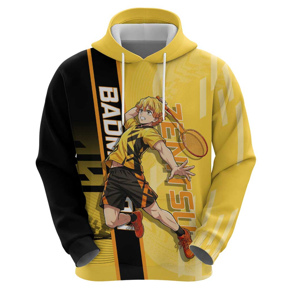 Personalized Zenitsu Agatsuki Demon Slayer Badminton Theme Hoodie with Racket Action Pose and Yellow Personalized Zenitsu Agatsuki Demon Slayer Badminton Theme Hoodie with Racket Action Pose and Yellow
