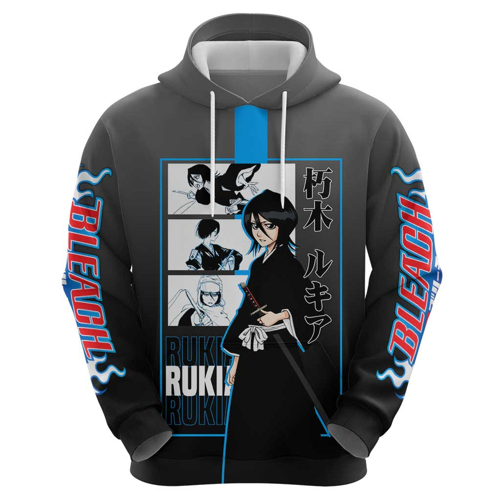 Rukia Kuchiki Bleach Hoodie with Zanpakuto and Elegant Combat Pose Design Rukia Kuchiki Bleach Hoodie with Zanpakuto and Elegant Combat Pose Design