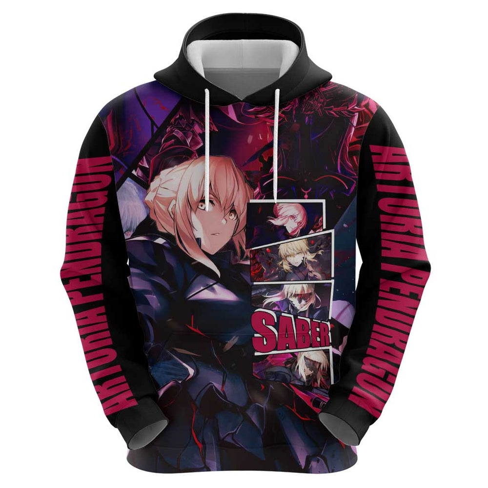 Saber Artoria Pendragon Dark Armor Theme Hoodie with Red and Purple Abstract Background Design Saber Artoria Pendragon Dark Armor Theme Hoodie with Red and Purple Abstract Background Design