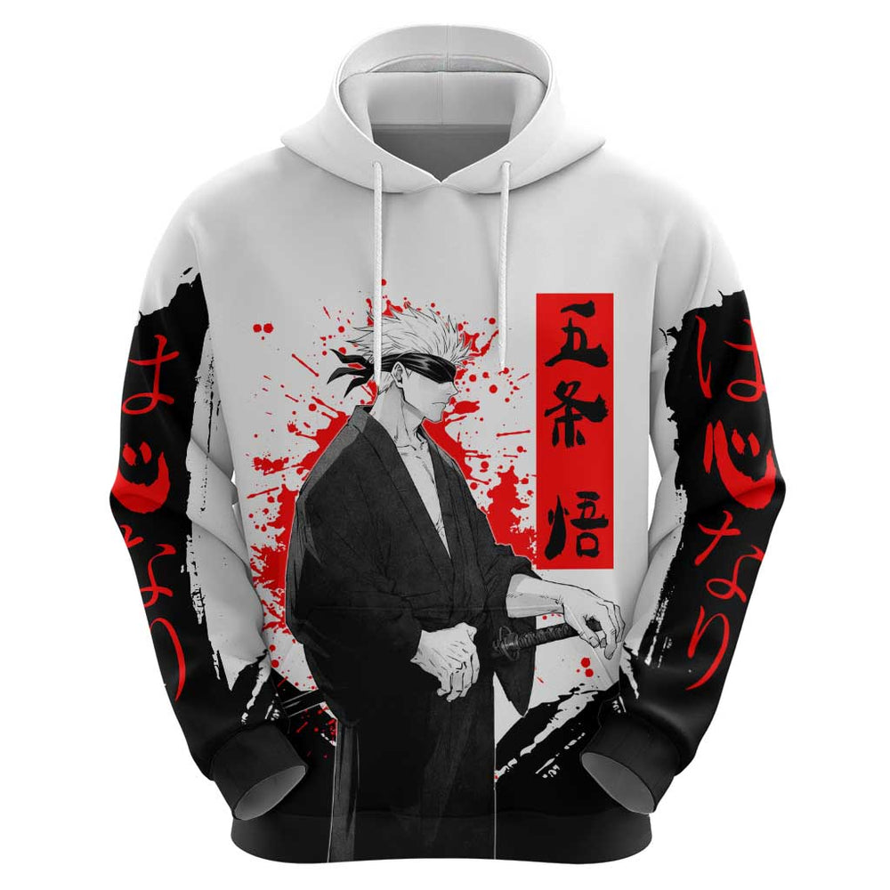 Satoru Gojo Jujutsu Kaisen Samurai Style Hoodie with Katana Red Kanji and Oni Mask Illustration Satoru Gojo Jujutsu Kaisen Samurai Style Hoodie with Katana Red Kanji and Oni Mask Illustration