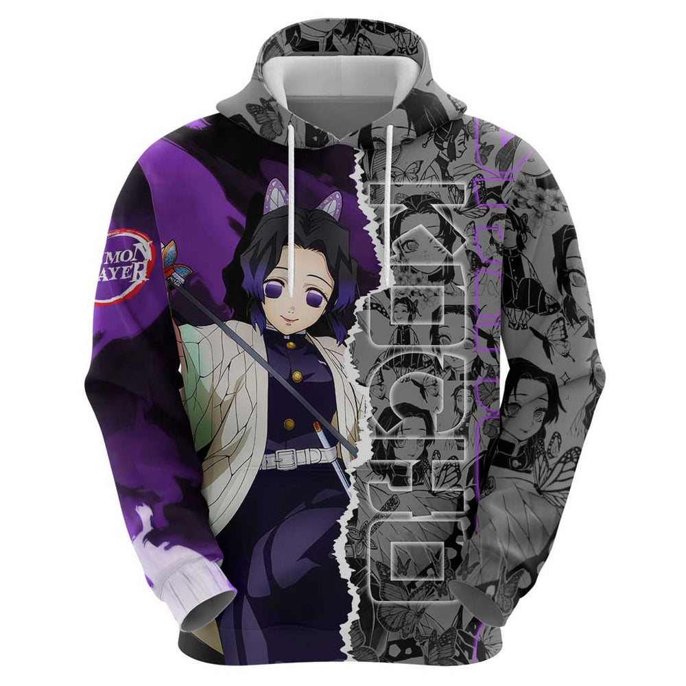Shinobu Kocho Demon Slayer Hoodie with Insect Hashira Sword Pose and Elegant Butterfly Design Shinobu Kocho Demon Slayer Hoodie with Insect Hashira Sword Pose and Elegant Butterfly Design