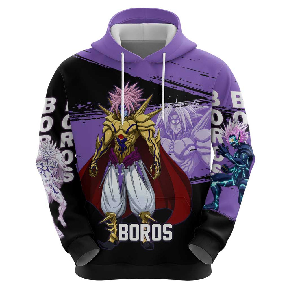 Boros One Punch Man Anime Purple and Black Theme Hoodie with Galactic Overlord Design and Intense Ba Boros One Punch Man Anime Purple and Black Theme Hoodie with Galactic Overlord Design and Intense Ba