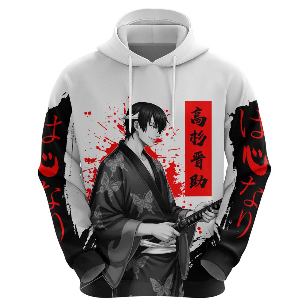Shinsuke Takasugi Gintama Samurai Design Hoodie with Katana Red Calligraphy and Oni Mask Art Shinsuke Takasugi Gintama Samurai Design Hoodie with Katana Red Calligraphy and Oni Mask Art