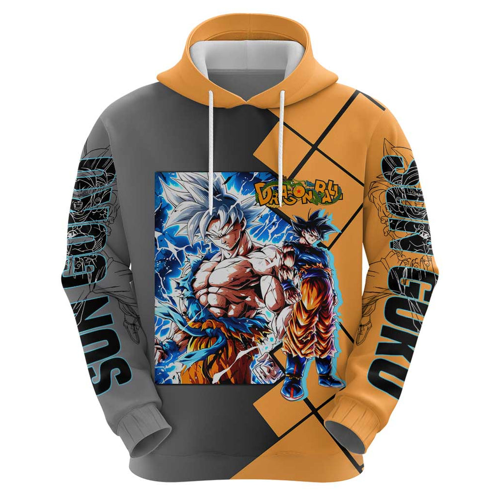 Son Goku Dragon Ball Hoodie with Super Saiyan Aura and Powerful Fighting Pose Design Son Goku Dragon Ball Hoodie with Super Saiyan Aura and Powerful Fighting Pose Design