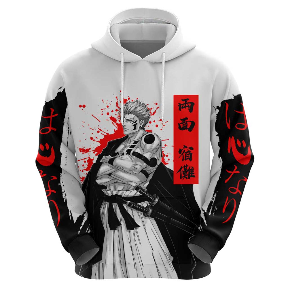 Sukuna Jujutsu Kaisen Samurai Aesthetic Hoodie with Katana Red Kanji and Oni Mask Design Sukuna Jujutsu Kaisen Samurai Aesthetic Hoodie with Katana Red Kanji and Oni Mask Design
