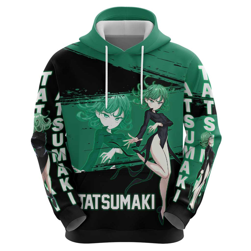 Tatsumaki One Punch Man Anime Green and Black Theme Hoodie with Psychic Power Effects and Bold Tatsumaki One Punch Man Anime Green and Black Theme Hoodie with Psychic Power Effects and Bold