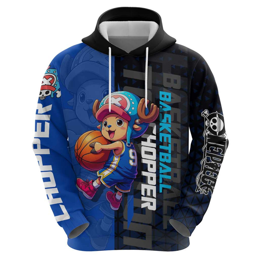 Tony Tony Chopper One Piece Basketball Theme Blue and Black Design Hoodie with Straw Hat Crew Emblem Tony Tony Chopper One Piece Basketball Theme Blue and Black Design Hoodie with Straw Hat Crew Emblem
