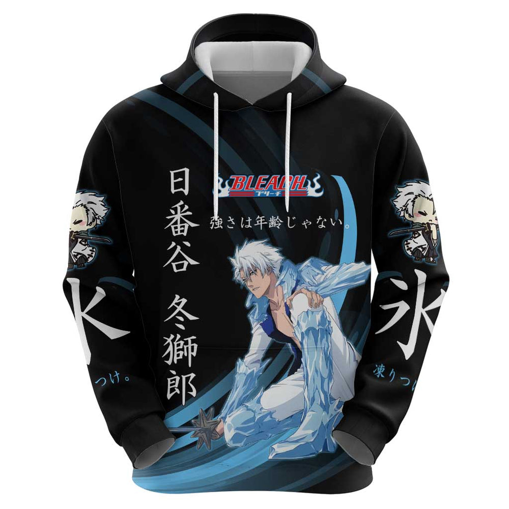 Toshiro Hitsugaya Bleach Anime Black and Blue Theme Hoodie with Ice Dragon Elements and Japanese Quo Toshiro Hitsugaya Bleach Anime Black and Blue Theme Hoodie with Ice Dragon Elements and Japanese Quo
