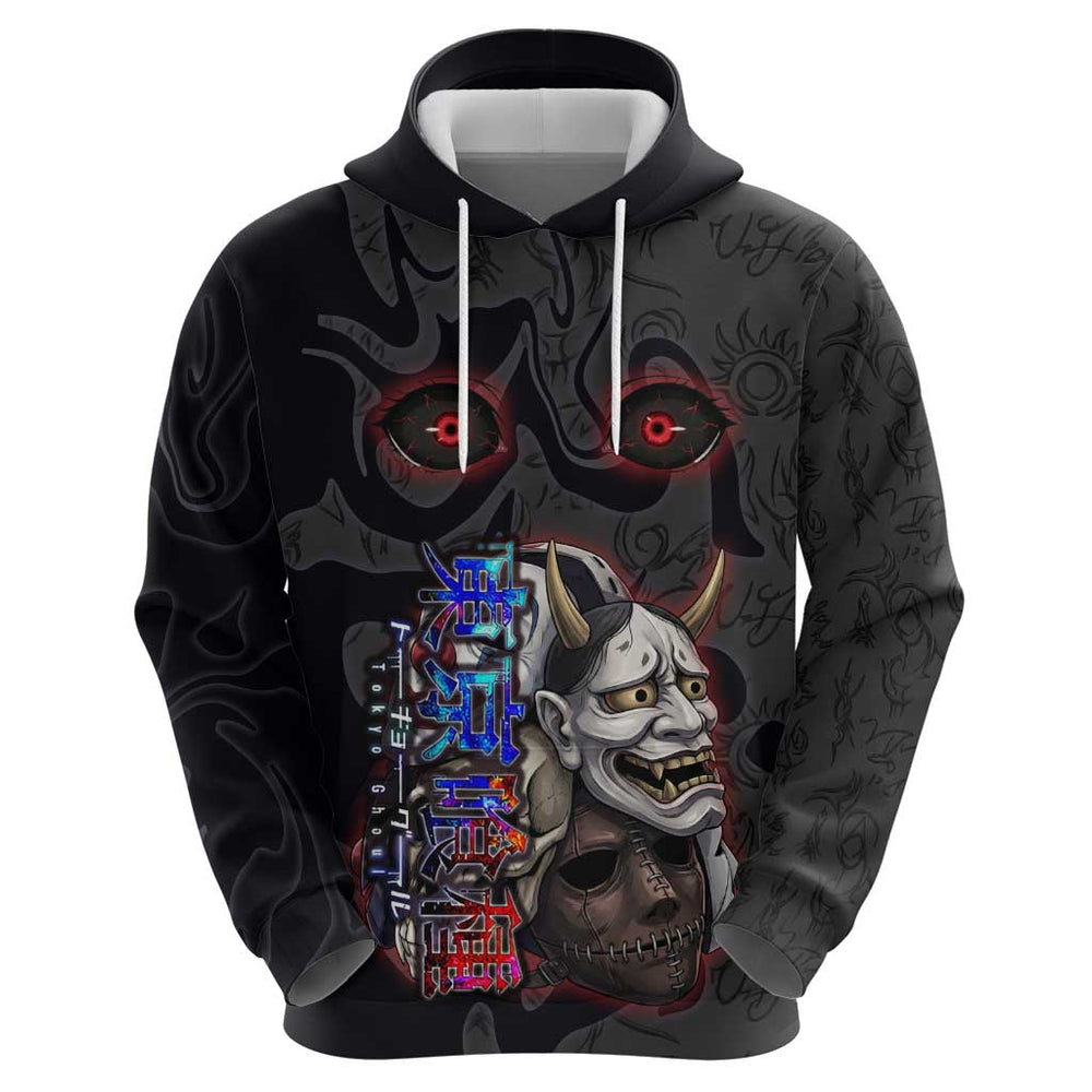 Uta Tokyo Ghoul Hoodie Dark Urban Tattoo Style with Oni Mask Elements Uta Tokyo Ghoul Hoodie Dark Urban Tattoo Style with Oni Mask Elements
