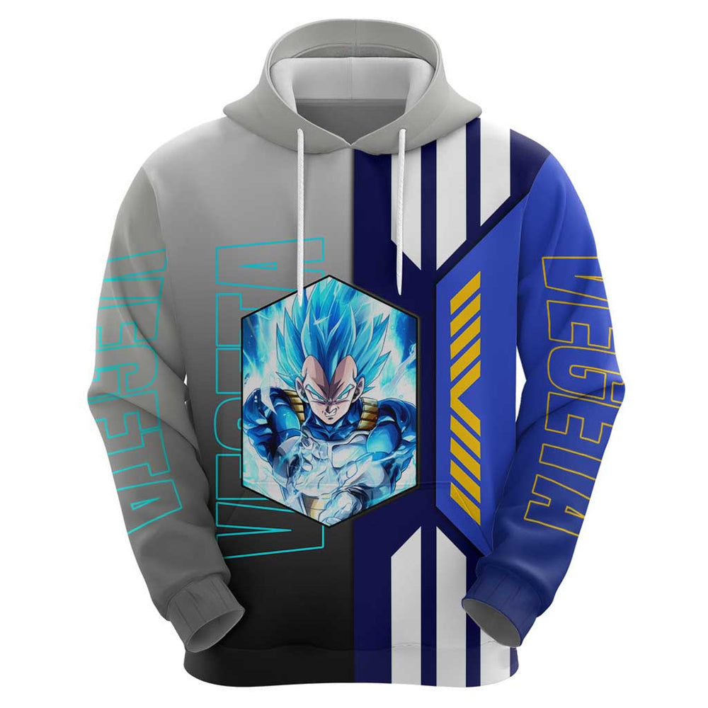 Vegeta from Dragon Ball Hoodie with Super Saiyan Blue Form and Action Pose Design Vegeta from Dragon Ball Hoodie with Super Saiyan Blue Form and Action Pose Design