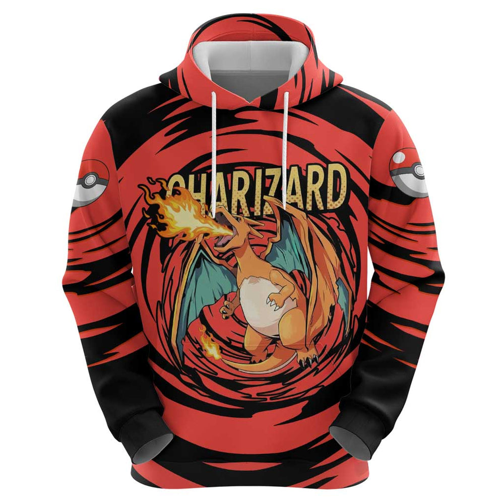 Charizard Pok mon Red and Black Swirl Design Hoodie with Flames Pok ball Accents and Dynamic Fire-Br Charizard Pok mon Red and Black Swirl Design Hoodie with Flames Pok ball Accents and Dynamic Fire-Br