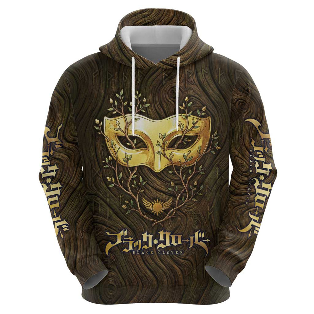 William Vangeance Black Clover Hoodie Enchanted Woodgrain Style with Duality and Golden Mask Motif William Vangeance Black Clover Hoodie Enchanted Woodgrain Style with Duality and Golden Mask Motif