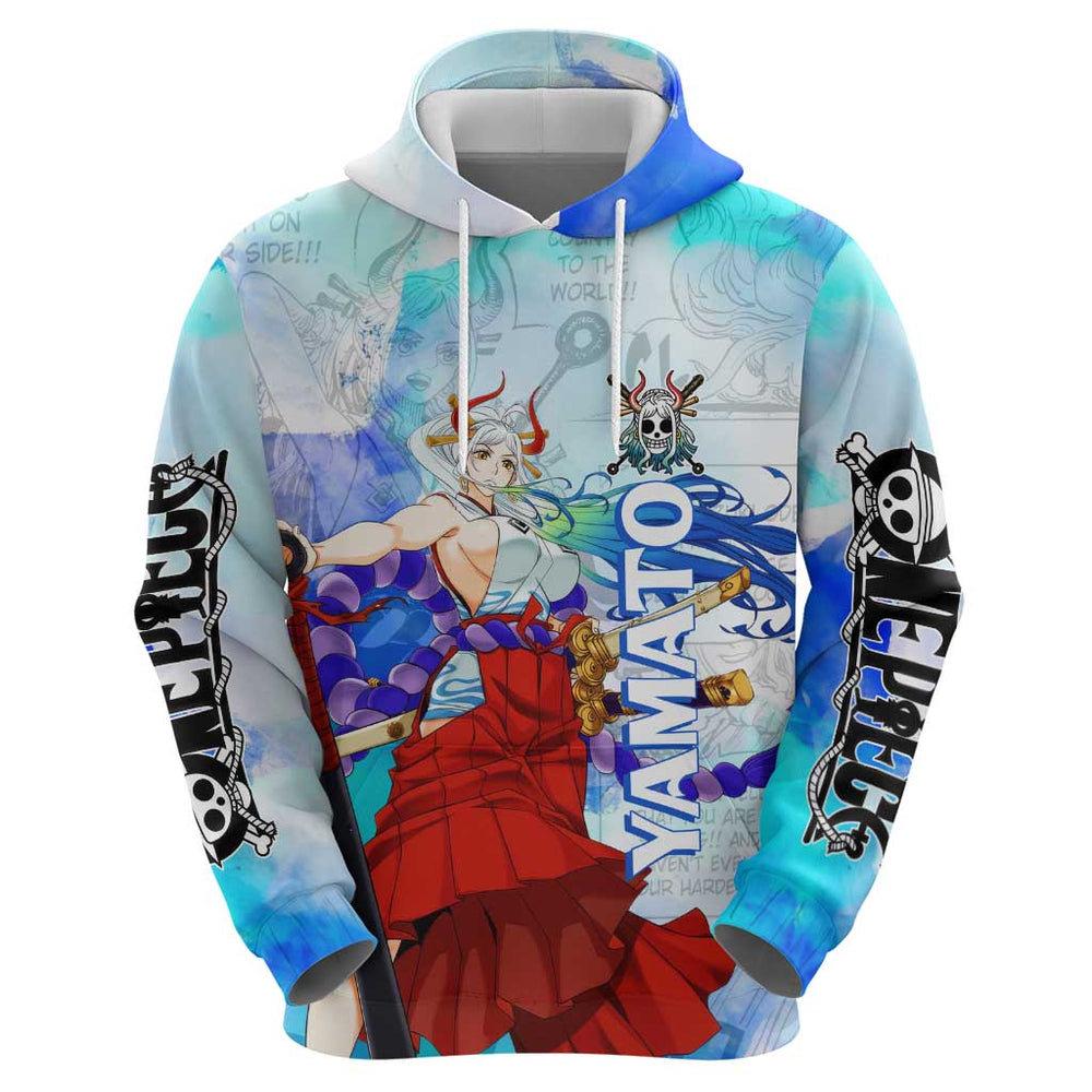 Yamato One Piece Blue Cloud Theme Hoodie with Manga Panels and Oni Horn Character Design Yamato One Piece Blue Cloud Theme Hoodie with Manga Panels and Oni Horn Character Design