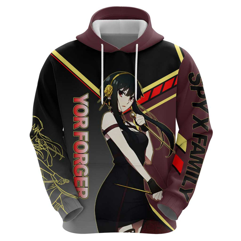 Yor Forger Spy x Family Red and Black Assassin Theme Hoodie with Elegant Weapon Pose and Bold Color Yor Forger Spy x Family Red and Black Assassin Theme Hoodie with Elegant Weapon Pose and Bold Color