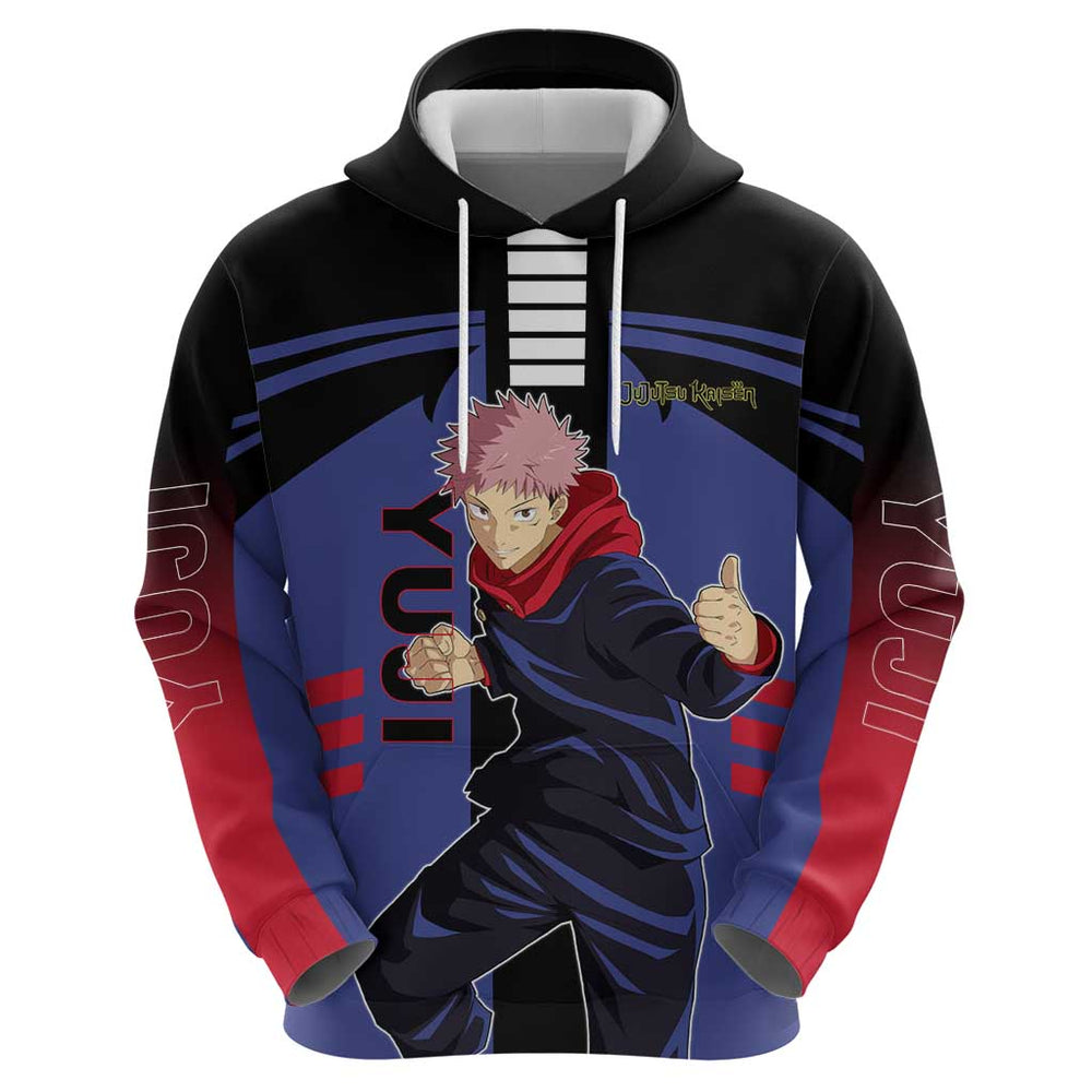 Yuji Itadori from Jujutsu Kaisen Hoodie with Cursed Energy and Dynamic Fighting Pose Design Yuji Itadori from Jujutsu Kaisen Hoodie with Cursed Energy and Dynamic Fighting Pose Design