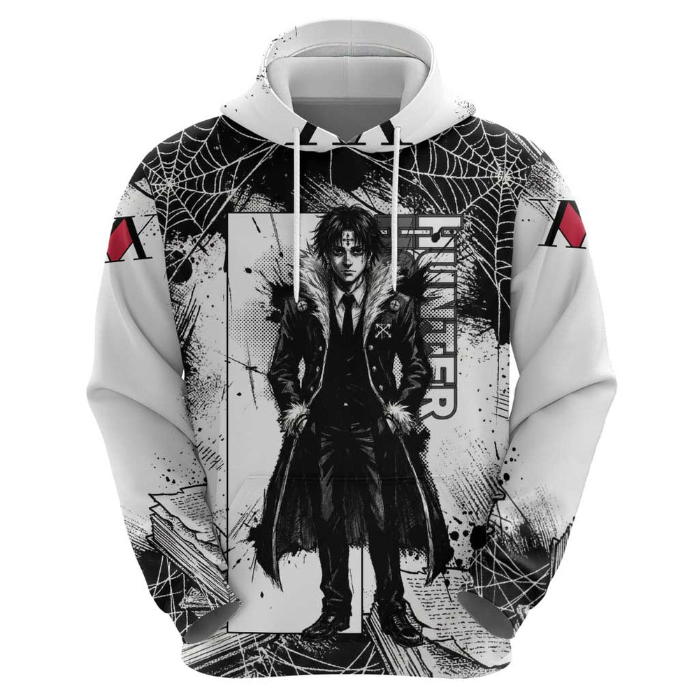 Chrollo Lucilfer Gothic Style Hoodie with Spider Webs Grimoire Illustration and Monochrome Design Chrollo Lucilfer Gothic Style Hoodie with Spider Webs Grimoire Illustration and Monochrome Design