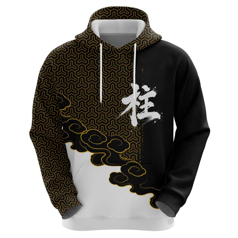 Demon Slayer Hashira Group Design Hoodie with Gold Cloud Pattern and Stylized Kanji Motif Demon Slayer Hashira Group Design Hoodie with Gold Cloud Pattern and Stylized Kanji Motif