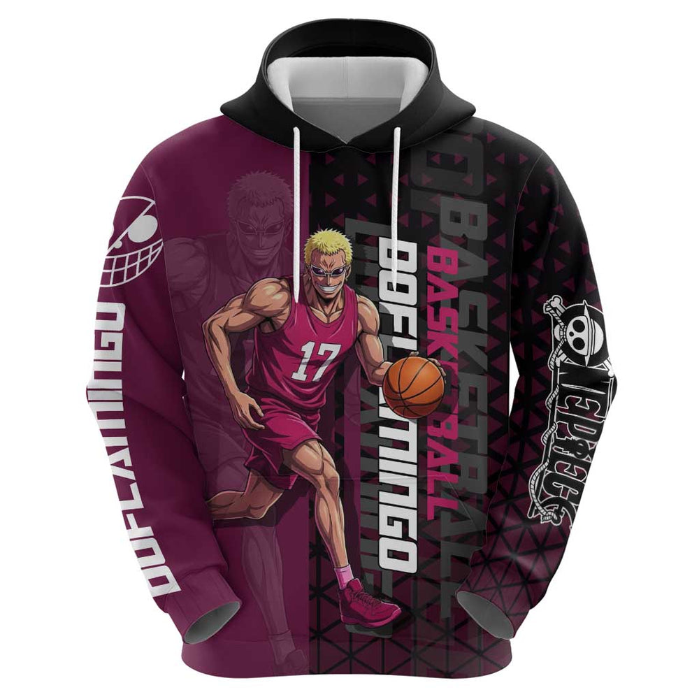 Donquixote Doflamingo One Piece Basketball Theme Maroon and Black Design Hoodie with Smiling Emblem Donquixote Doflamingo One Piece Basketball Theme Maroon and Black Design Hoodie with Smiling Emblem