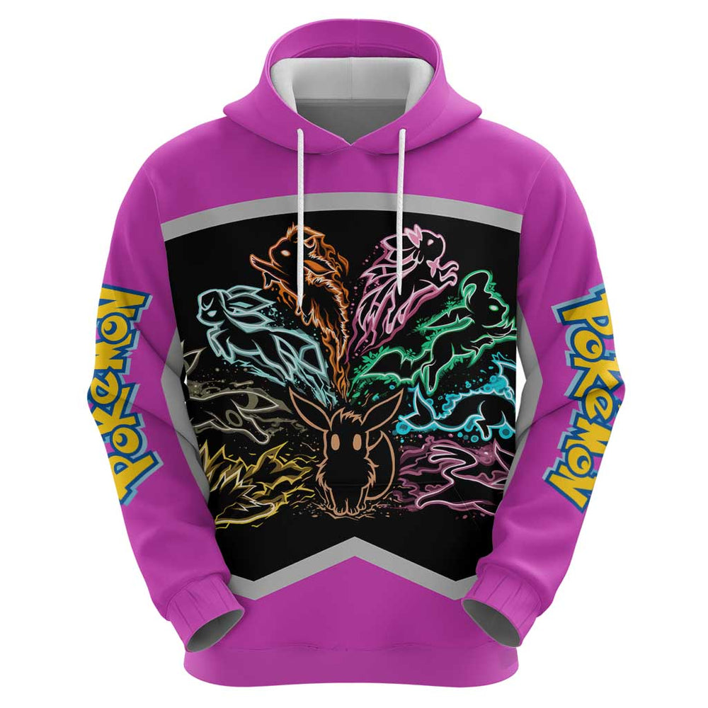 Espeon and Eeveelutions Hoodie with Neon Elemental Designs and Pink Pok mon Theme Espeon and Eeveelutions Hoodie with Neon Elemental Designs and Pink Pok mon Theme