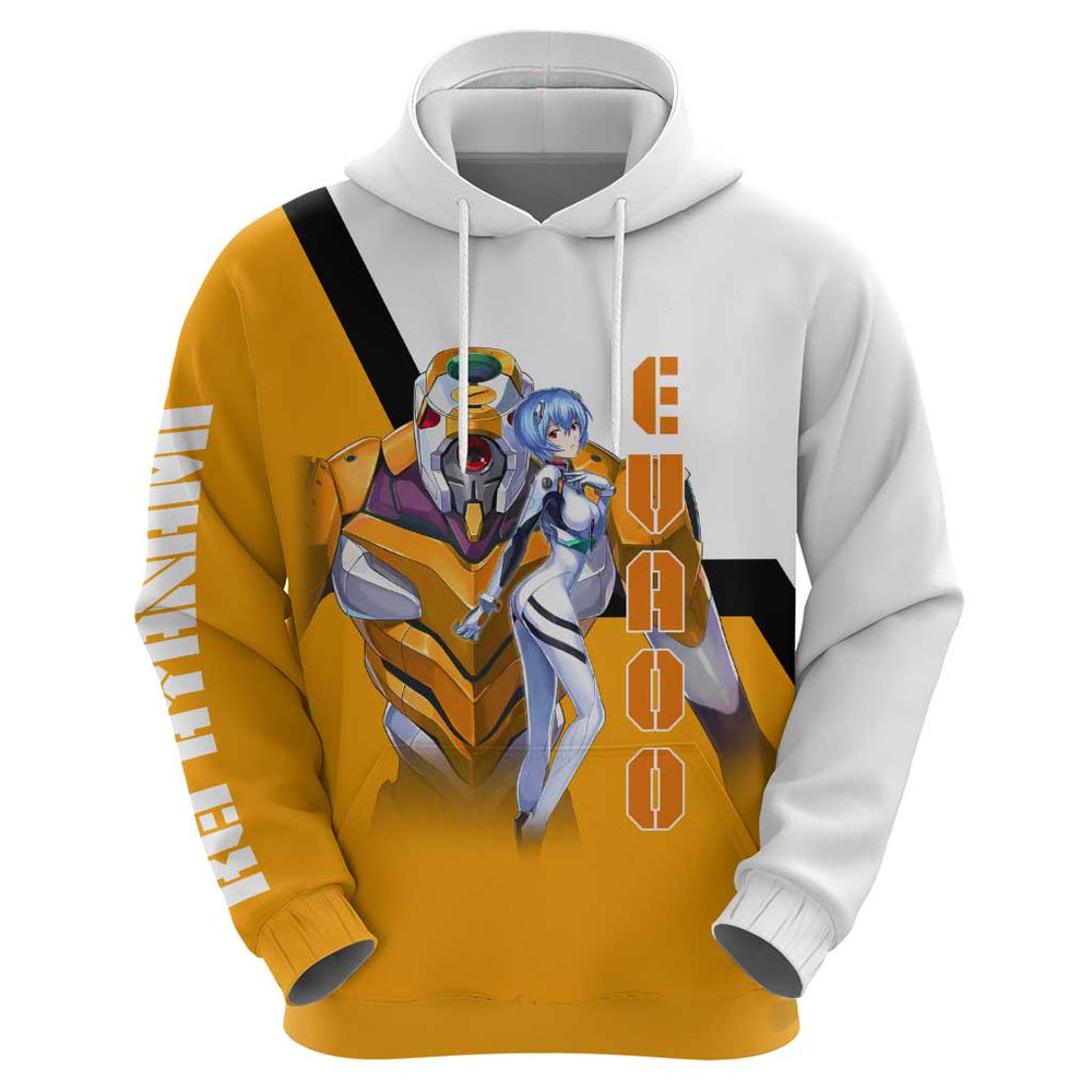 Evangelion EVA-00 and Rei Ayanami Yellow and White Hoodie Design with Mecha and Character Artwork Evangelion EVA-00 and Rei Ayanami Yellow and White Hoodie Design with Mecha and Character Artwork