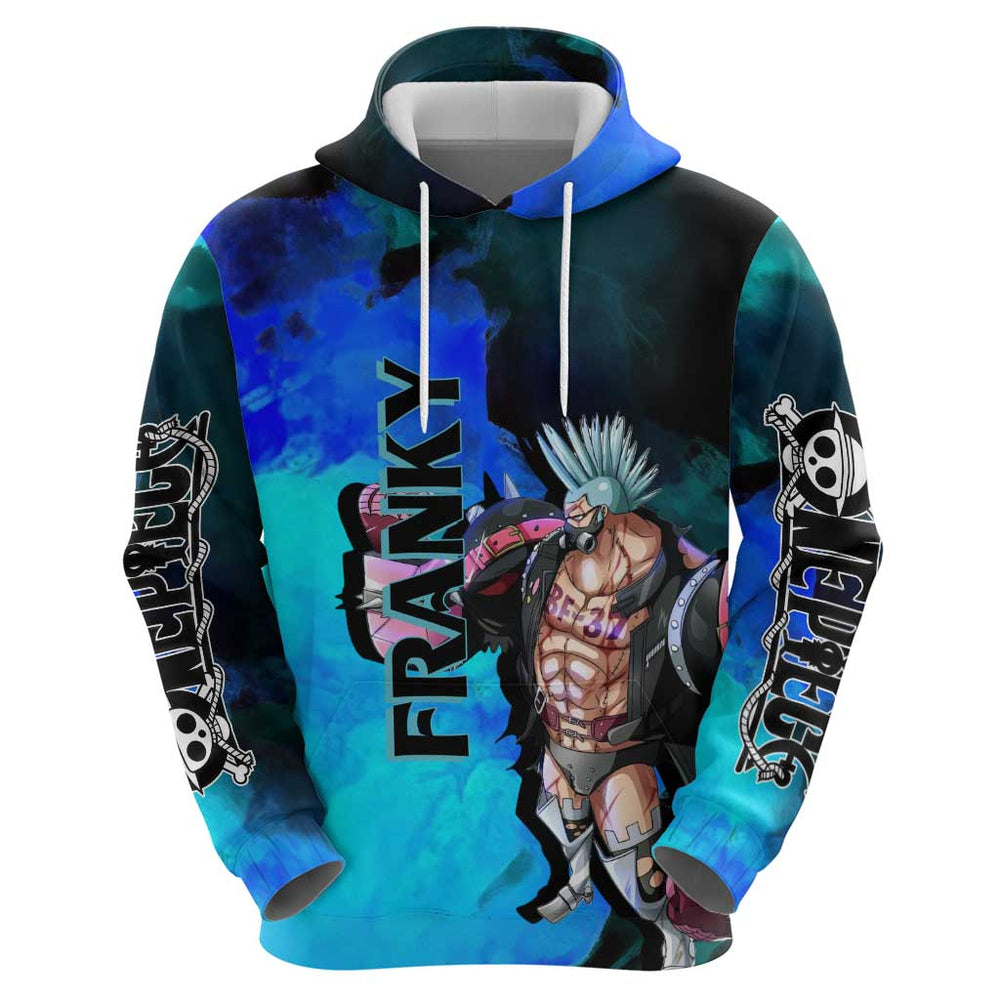 Franky One Piece Blue Theme Hoodie with Cyborg Design and Shipwright Pose Franky One Piece Blue Theme Hoodie with Cyborg Design and Shipwright Pose