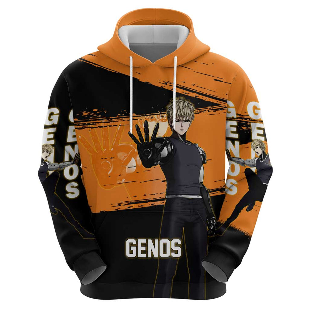 Genos One Punch Man Anime Orange and Black Theme Hoodie with Cyborg Arm Blast and Intense Action Pos Genos One Punch Man Anime Orange and Black Theme Hoodie with Cyborg Arm Blast and Intense Action Pos