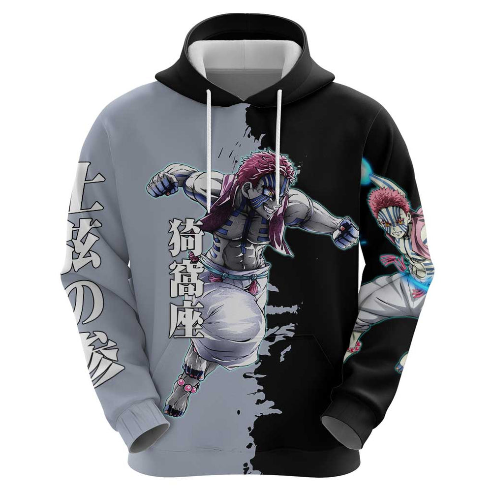 Akaza from Demon Slayer Hoodie with Split Color Background and Martial Arts Pose Manga Style Design Akaza from Demon Slayer Hoodie with Split Color Background and Martial Arts Pose Manga Style Design