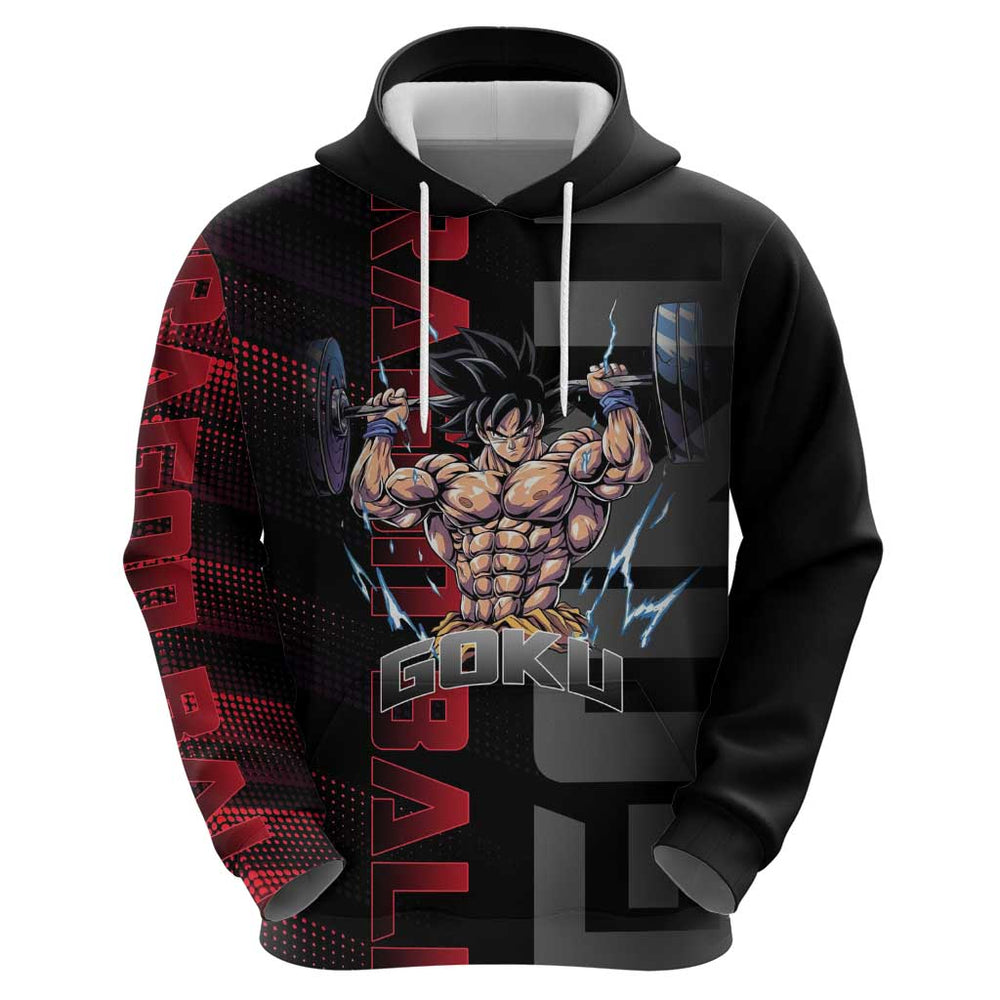 Goku Gym Theme Black and Red Design Hoodie with Dumbbell Lightning Art and Muscle Training Pose Goku Gym Theme Black and Red Design Hoodie with Dumbbell Lightning Art and Muscle Training Pose