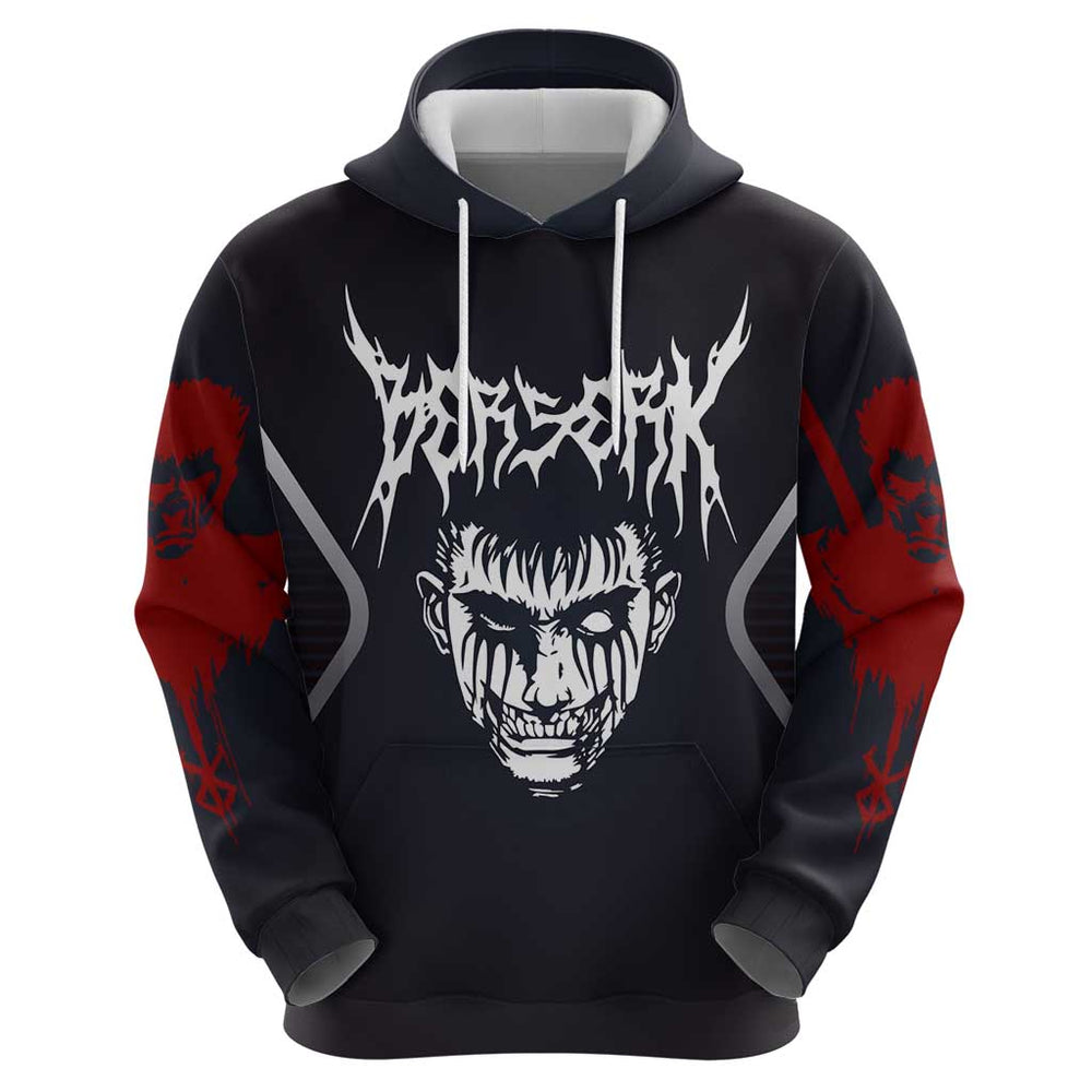 Guts Berserk Hoodie with Black Red Dark Theme and Fierce Warrior Anime Design Guts Berserk Hoodie with Black Red Dark Theme and Fierce Warrior Anime Design