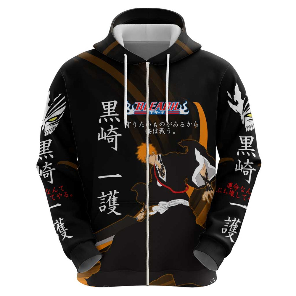 Ichigo Bleach Anime Black and Orange Theme Hoodie with Hollow Mask and Japanese Calligraphy Design Ichigo Bleach Anime Black and Orange Theme Hoodie with Hollow Mask and Japanese Calligraphy Design