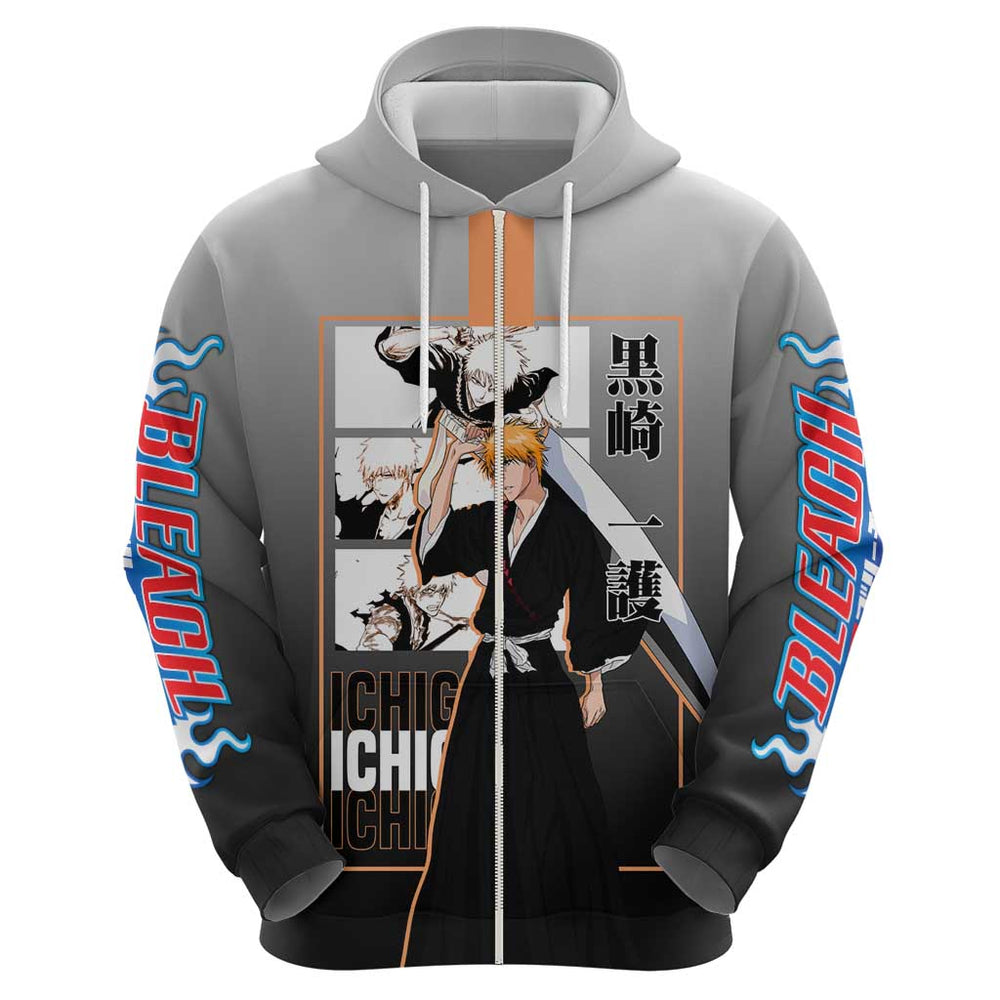 Ichigo Kurosaki Bleach Hoodie with Bankai Sword and Intense Battle Pose Design Ichigo Kurosaki Bleach Hoodie with Bankai Sword and Intense Battle Pose Design
