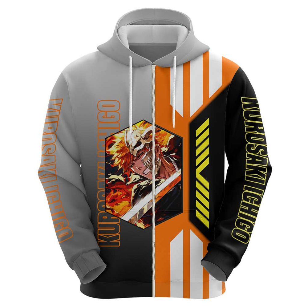 Ichigo Kurosaki from Bleach Hoodie with Sword and Battle Ready Pose Design Ichigo Kurosaki from Bleach Hoodie with Sword and Battle Ready Pose Design