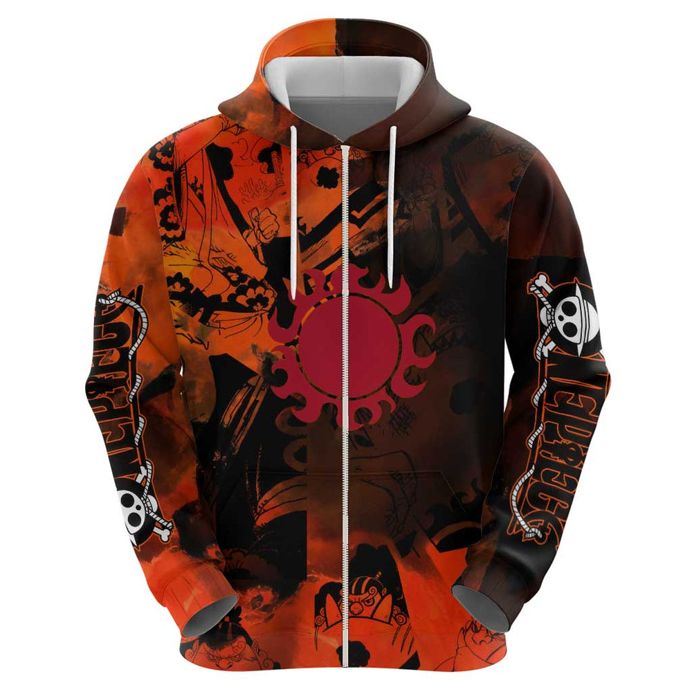 Jinbe One Piece Red and Black Theme Hoodie with Sun Pirates Emblem and Karate Pose Design Jinbe One Piece Red and Black Theme Hoodie with Sun Pirates Emblem and Karate Pose Design