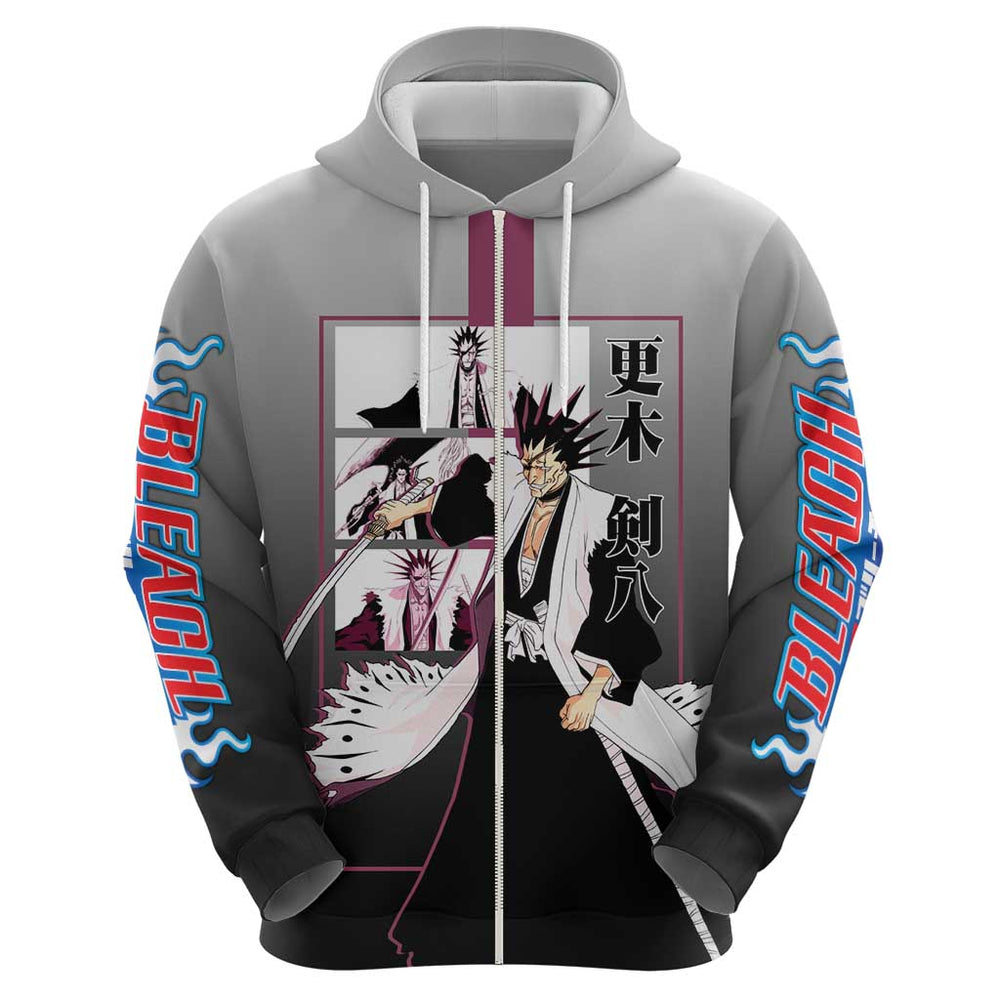Kenpachi Zaraki Bleach Hoodie with Zanpakuto and Fierce Battle Pose Design Kenpachi Zaraki Bleach Hoodie with Zanpakuto and Fierce Battle Pose Design