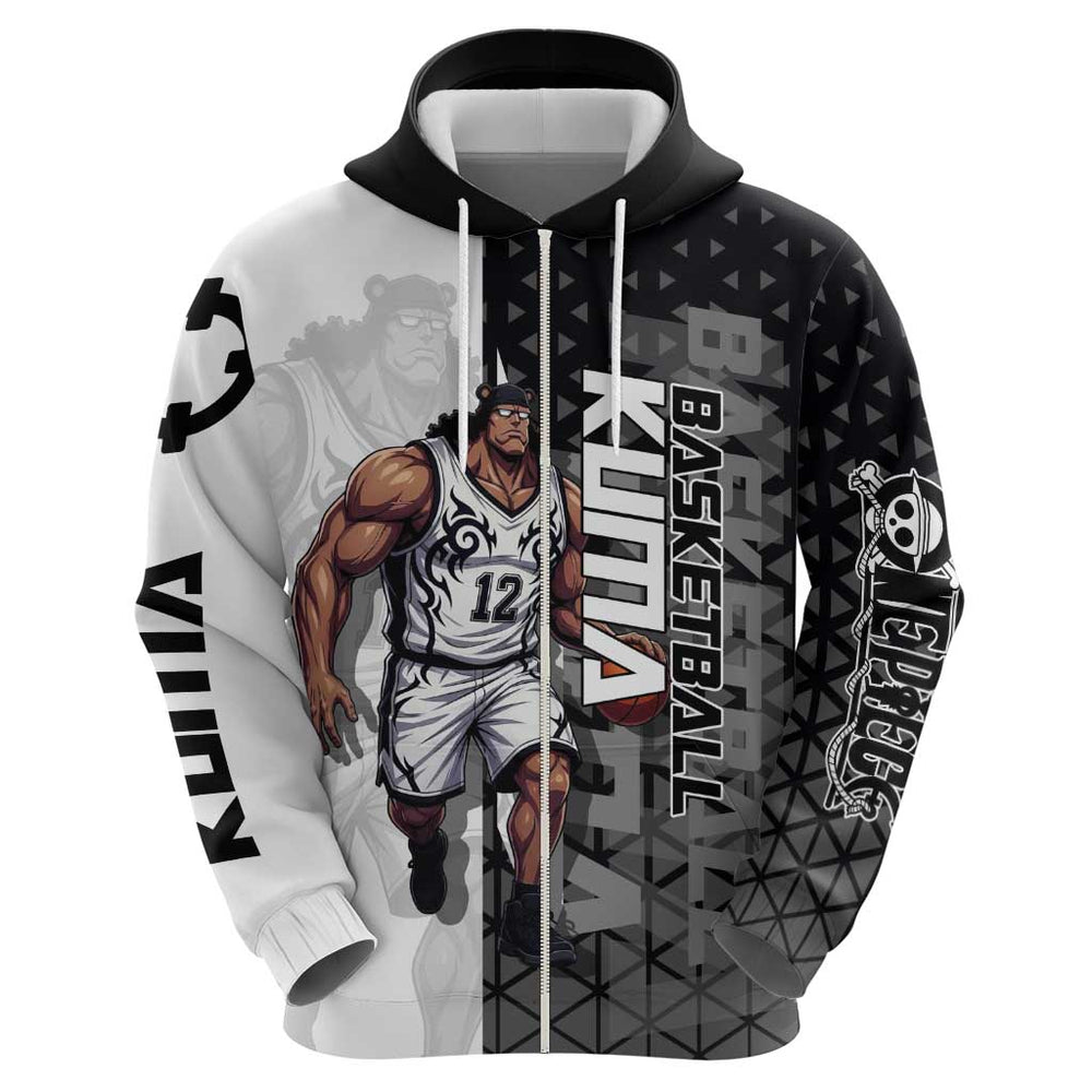 Bartholomew Kuma One Piece Basketball Crossover Design Hoodie with Monochrome Geometric Background a Bartholomew Kuma One Piece Basketball Crossover Design Hoodie with Monochrome Geometric Background a