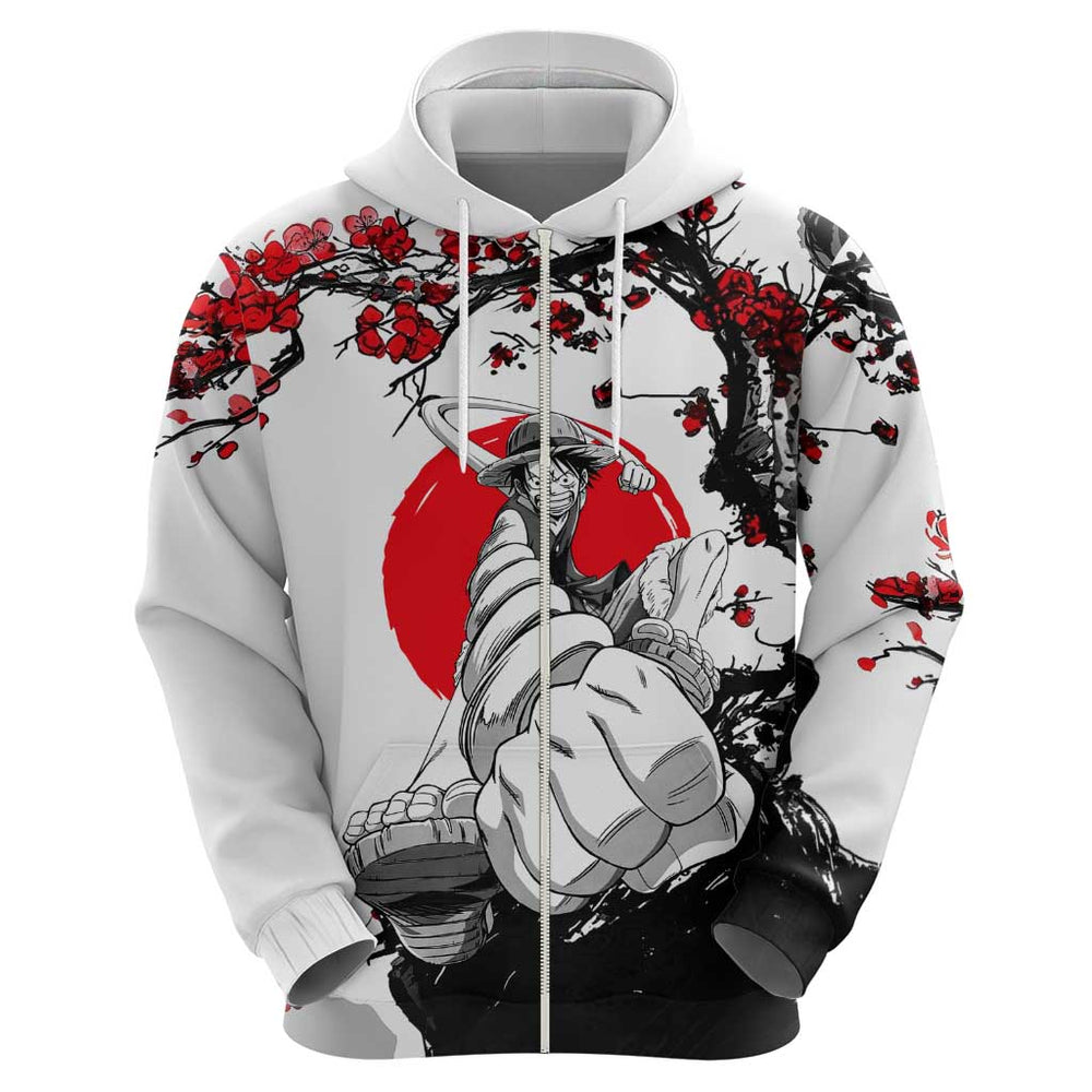 Luffy Gear 3 One Piece Anime White and Red Japanese Art Style Hoodie with Cherry Blossom Tree and St Luffy Gear 3 One Piece Anime White and Red Japanese Art Style Hoodie with Cherry Blossom Tree and St