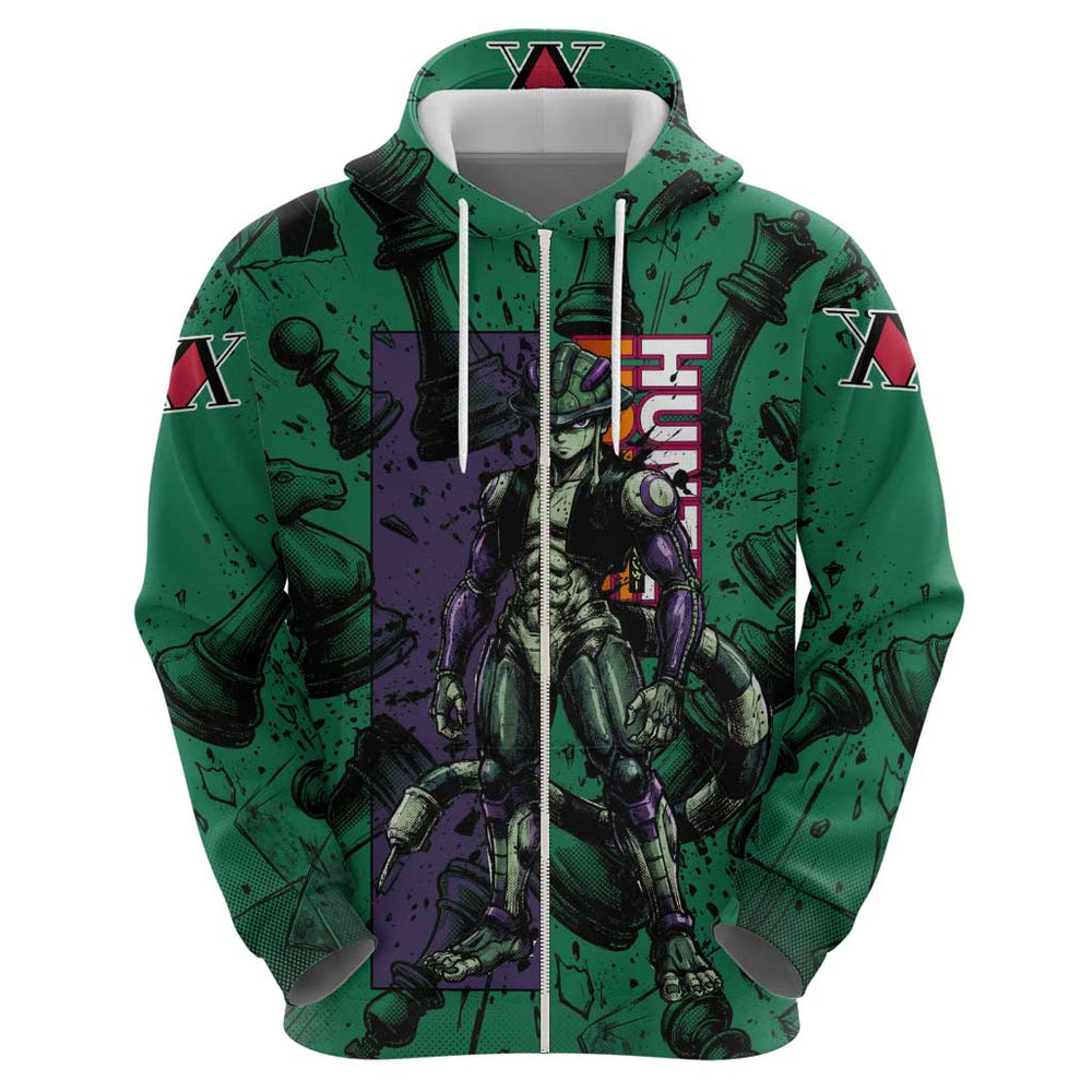 Meruem Chess Theme Hoodie with Dark Aura and Strategic Anime Artwork Design Meruem Chess Theme Hoodie with Dark Aura and Strategic Anime Artwork Design