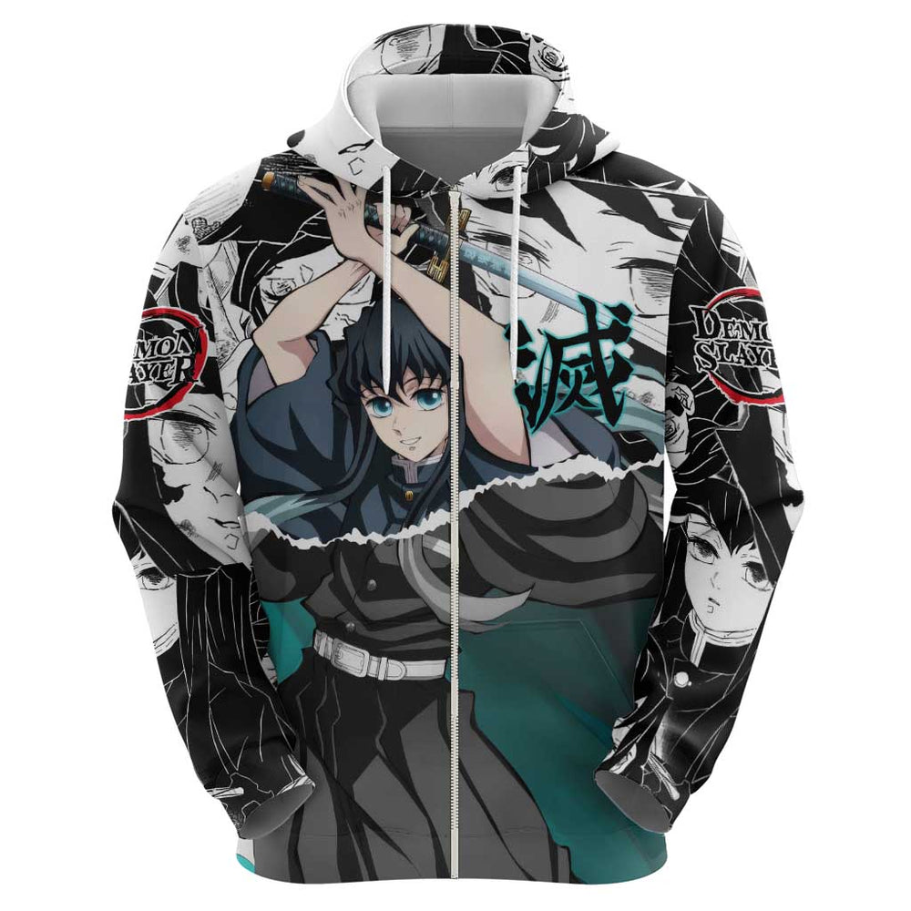 Muichiro Tokito Demon Slayer Mist Hashira Design Hoodie with Manga Panels and Teal Sword Art Muichiro Tokito Demon Slayer Mist Hashira Design Hoodie with Manga Panels and Teal Sword Art
