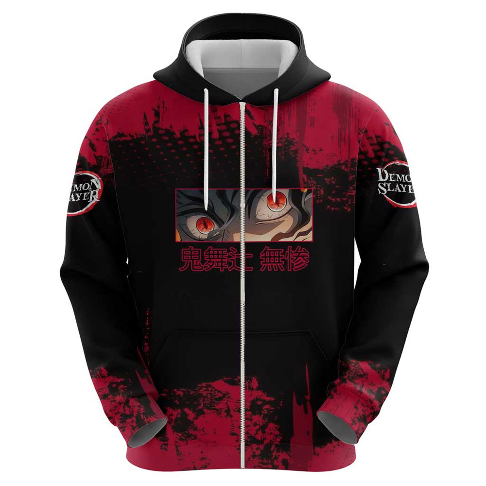 Muzan Kibutsuji Demon Slayer Red Grunge Design Hoodie with Intense Eyes and Hat Outfit Pose Muzan Kibutsuji Demon Slayer Red Grunge Design Hoodie with Intense Eyes and Hat Outfit Pose