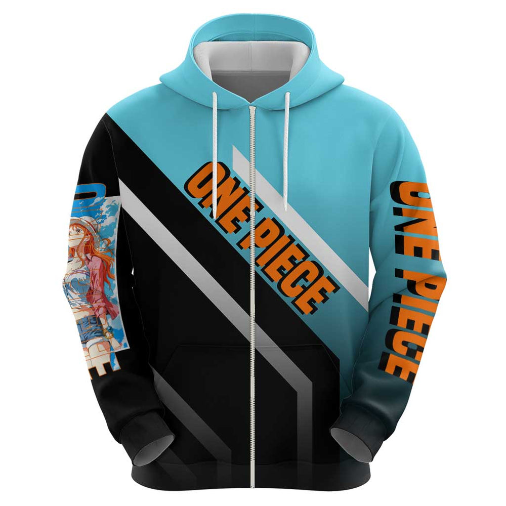 Nami One Piece Hoodie with Weather Staff and Confident Adventure Pose Design Nami One Piece Hoodie with Weather Staff and Confident Adventure Pose Design