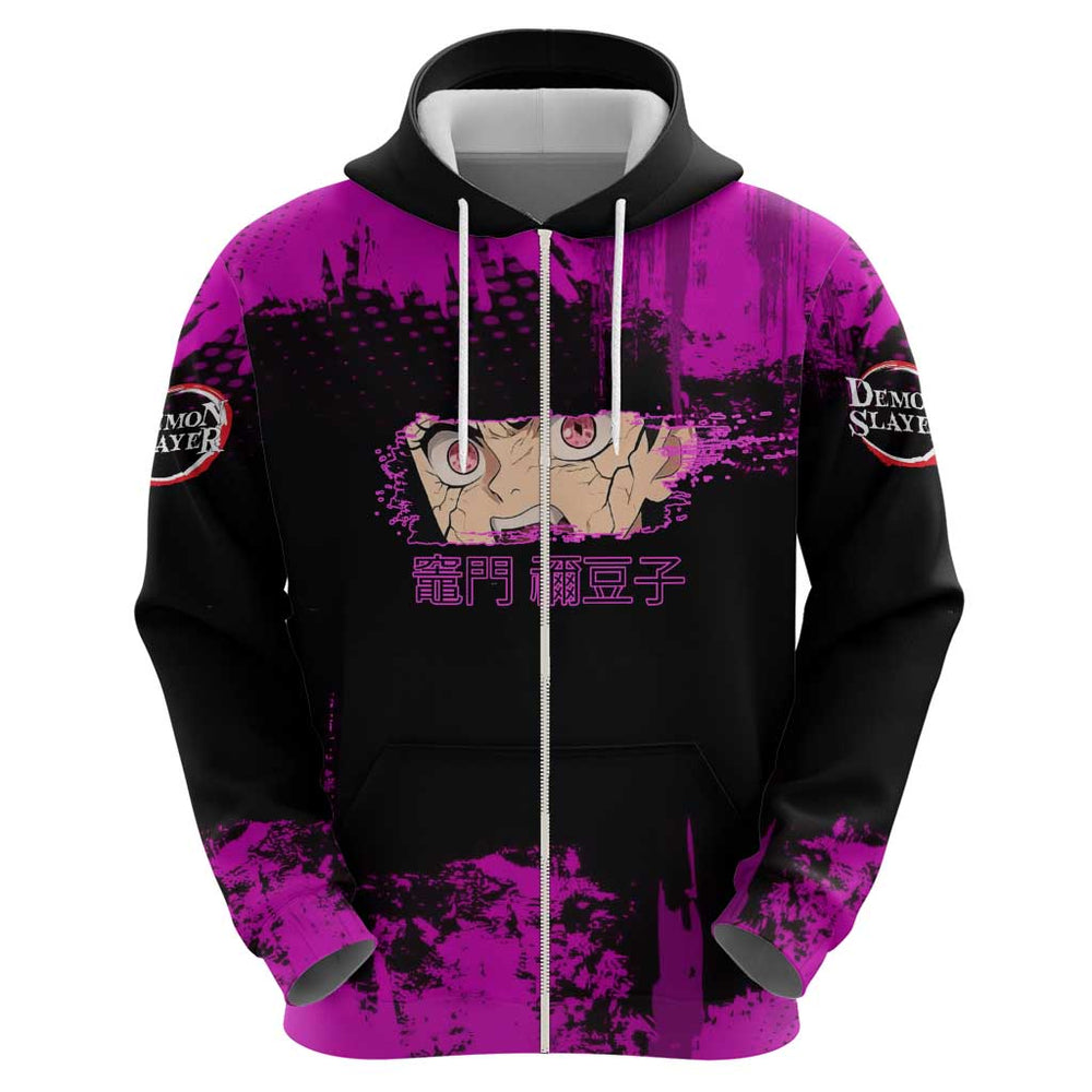 Nezuko Kamado Demon Slayer Pink Grunge Design Hoodie with Fierce Eyes and Cute Sitting Pose Nezuko Kamado Demon Slayer Pink Grunge Design Hoodie with Fierce Eyes and Cute Sitting Pose