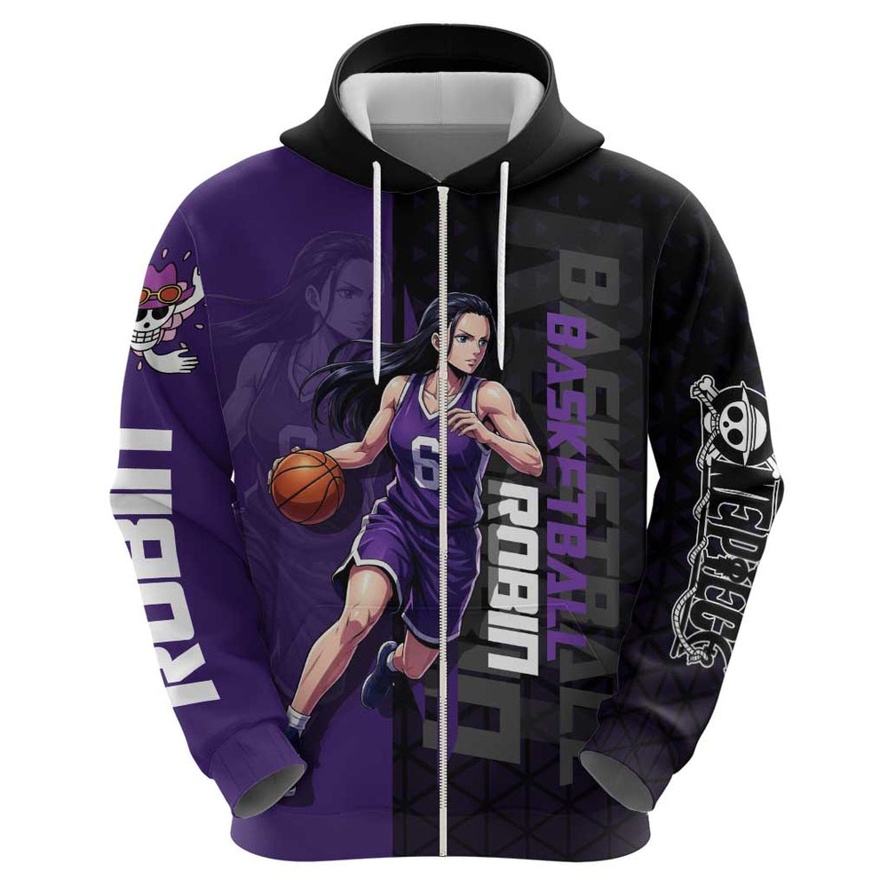 Nico Robin One Piece Basketball Theme Purple and Black Design Hoodie with Action Pose and Crew Emble Nico Robin One Piece Basketball Theme Purple and Black Design Hoodie with Action Pose and Crew Emble