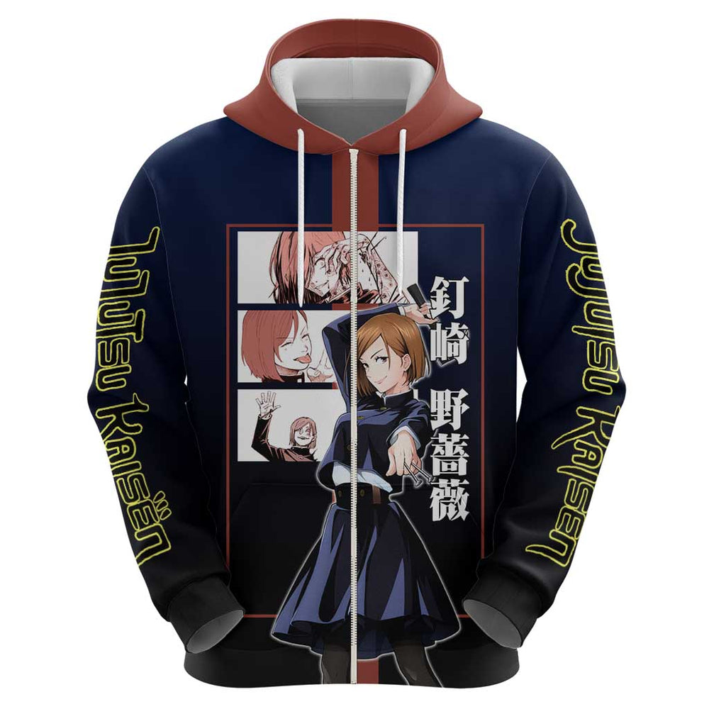 Nobara Kugisaki from Jujutsu Kaisen Hoodie with Dark Blue and Red Background and Multiple Poses Desi Nobara Kugisaki from Jujutsu Kaisen Hoodie with Dark Blue and Red Background and Multiple Poses Desi