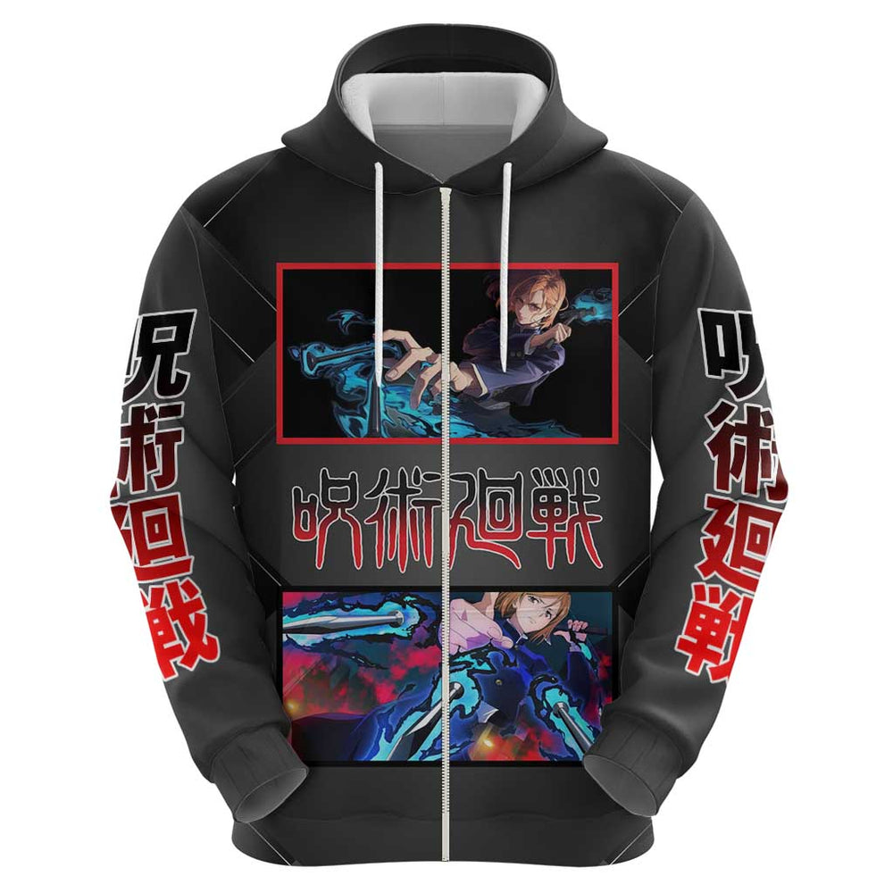 Nobara Kugisaki Jujutsu Kaisen Hoodie with Black Red Design and Cursed Energy Battle Pose Graphic Nobara Kugisaki Jujutsu Kaisen Hoodie with Black Red Design and Cursed Energy Battle Pose Graphic