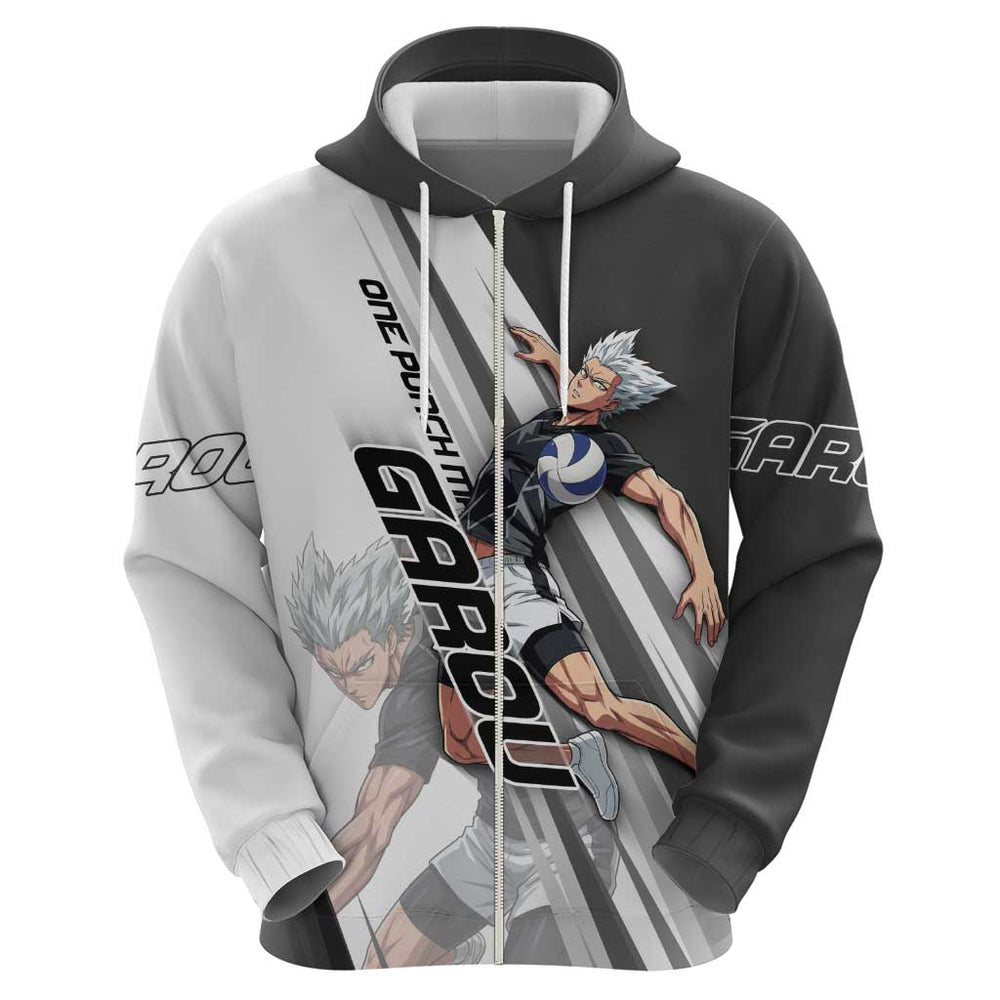 Personalized Garou Volleyball Action Design Hoodie with Monochrome Stripes and Dynamic Pose Personalized Garou Volleyball Action Design Hoodie with Monochrome Stripes and Dynamic Pose